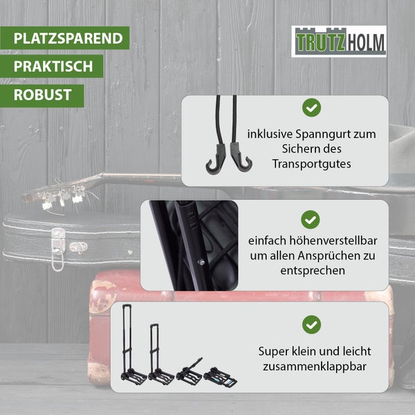 Trutzholm Transportkarre mit Spanngurt, höhenverstellbar und platzsparend zusammenklappbar.