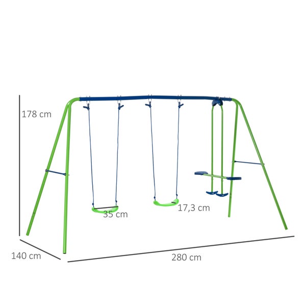 Outsunny Schaukelgestell Outdoor Schaukelgerüst mit 2 Schaukeln, Wippe, Kinderschaukel mit Metallgestell, verstellbarem Seil Gartenschaukel für Kinder, Grün