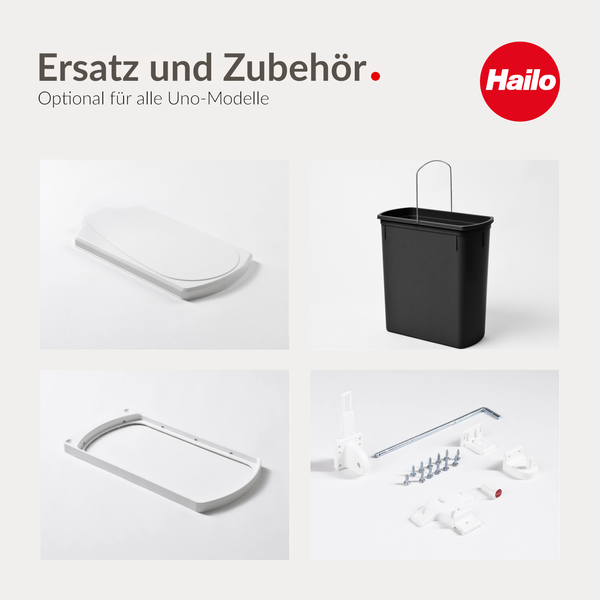 Hailo Ersatzteile und Zubehör für Uno Modelle, inklusive Deckel, Inneneimer, Montagerahmen und Befestigungssatz. Hailo Logo.