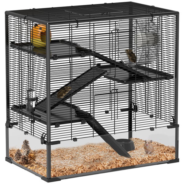 PawHut Hamsterkäfig für Zwerghamster, 4-stufiges Nagerkäfig mit Glasboden, Hütte, Laufrad, Rampen, Futterschale, Kleintierkäfig Zwerghamsterkäfig 78,5 x 48,5 x 80 cm Schwarz