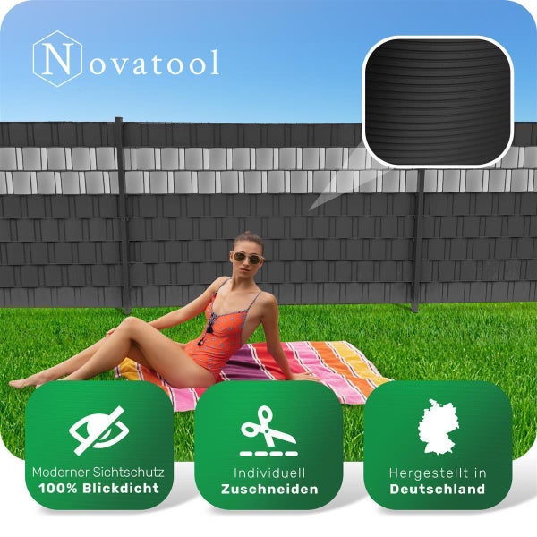 Novatool PREMIUM PP 250m Rollen Sichtschutzstreifen für Doppelstabmattenzaun ANTHRAZIT GRAU für 10 Reihen Stabmattenzaun Sichtschutzstreifen langlebig & witterungsbeständig Zaunelemente Sichtschutz