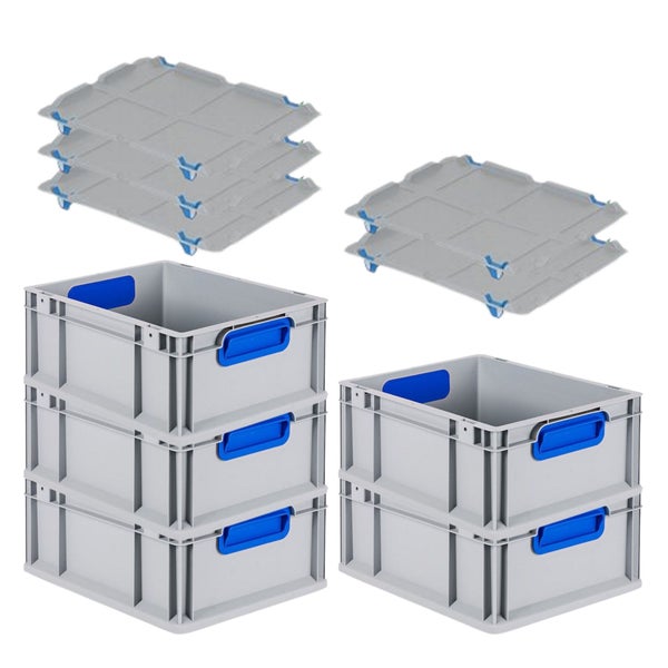 PROREGAL Spar Set 5x Eurobox Nextgen Color Mit Auflagedeckel & Schiebeschnappverschlüsse HxBxT 17 x 30 x 40 cm Griffe Blau Geschlossen Glatter Boden