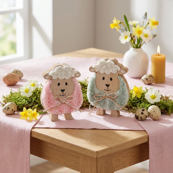 Zwei dekorative Holzfiguren in Schafoptik mit weichem Fellimitat auf einem frühlingshaft dekorierten Holztisch mit Blumen, Moos und Wachteleiern.