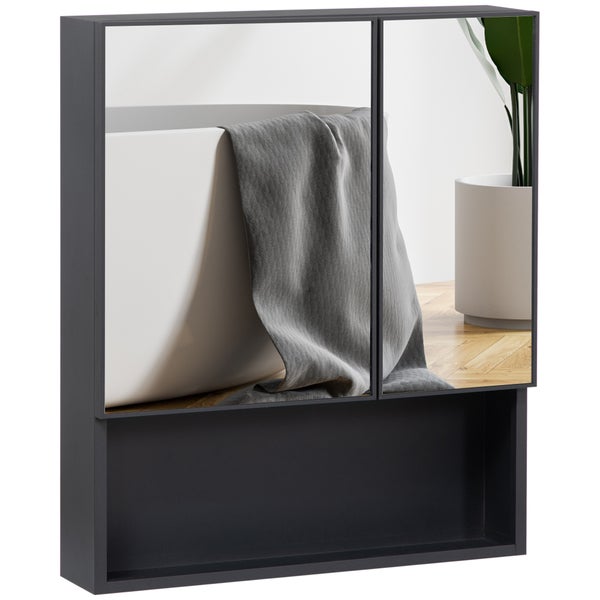 kleankin, Spiegelschrank, Badezimmerschrank, 60L x 13,5B x 70H cm, Edelstahl, Glas, Schwarz