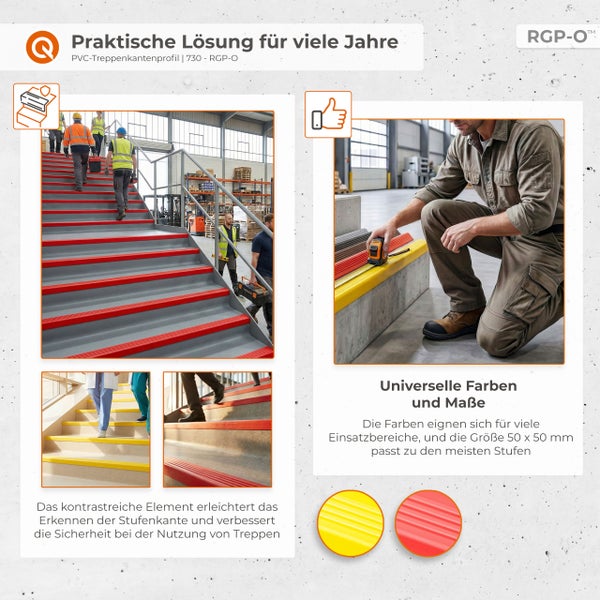 PVC-Treppenkantenprofile zur Markierung von Stufenkanten für mehr Sicherheit auf Treppen, inklusive Montagebeispiel.