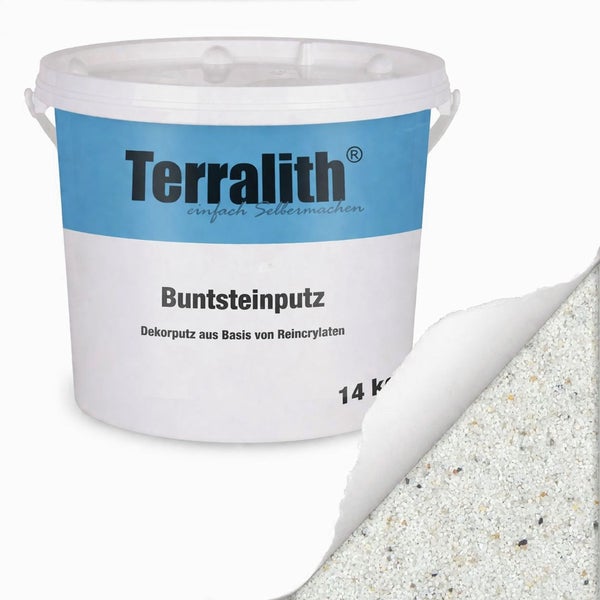Terralith Buntsteinputz Dekorputz auf Reinacrylatbasis im 14 Kilogramm Eimer mit Strukturmuster.