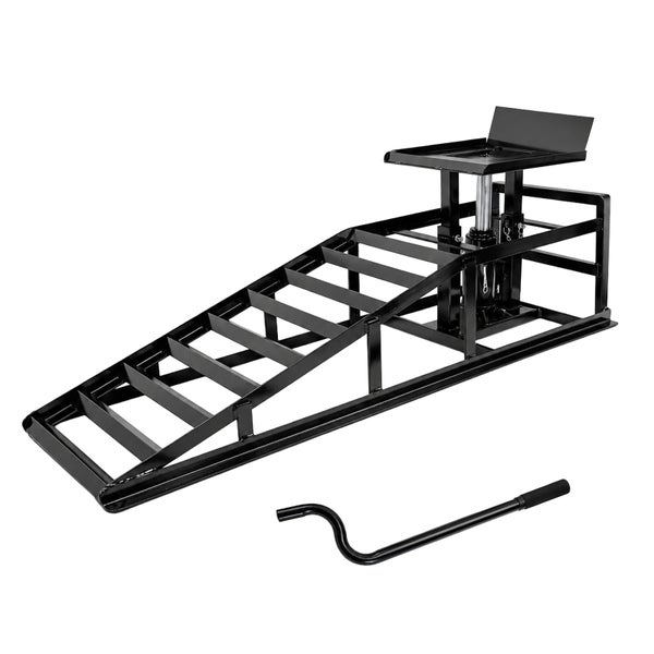 Auffahrrampe aus Stahl mit hydraulischer Hebefunktion und separater Pumpstange.