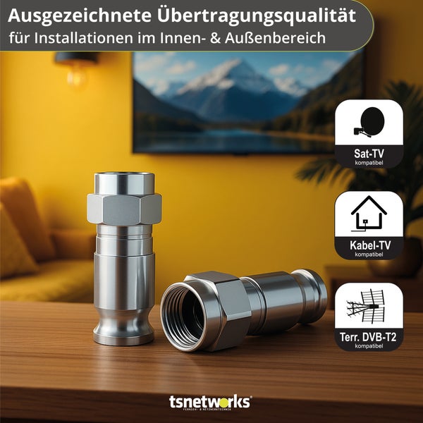 Koaxialstecker für Satellitenempfang, Kabelfernsehen und DVB-T2
