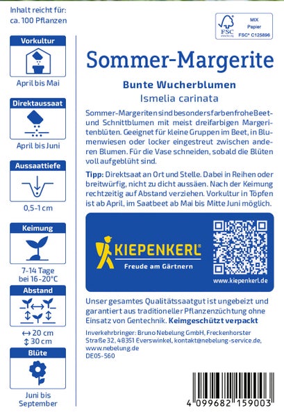 Saatgutpackung Sommer-Margerite von Kiepenkerl mit Anbauinformationen, Aussaathinweisen und FSC Zertifizierung.