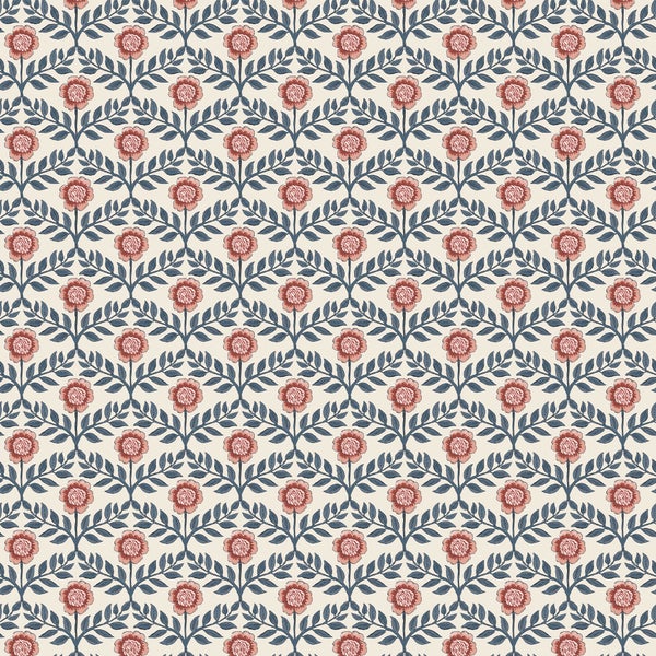 Tapete mit floralem Muster aus symmetrisch angeordneten Blumen und Blättern im Vintage-Stil.