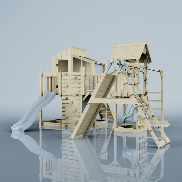 Holzspielturm mit Rutsche, Kletterwand und Schaukel