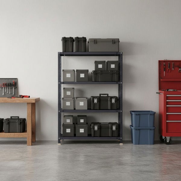 Organisierte Werkstatt mit Metallregal, Werkzeugkoffern, Holzhobelbank und Werkzeugwagen auf Betonboden.