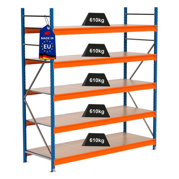 Lagerregal mit fünf Regalböden und einer Traglast von 610 Kilogramm pro Boden. Das Produkt ist mit einem Made in EU Siegel versehen.