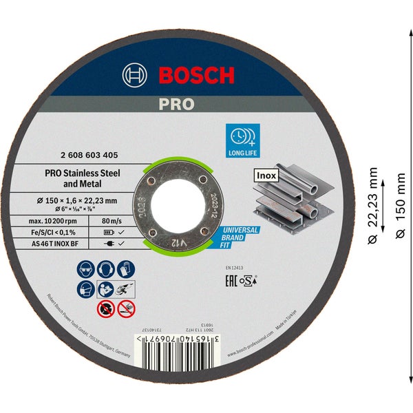 Bosch PRO Stainless Steel and Metal Trennscheibe 150 x 1,6 x 22,23 mm - 2608603405