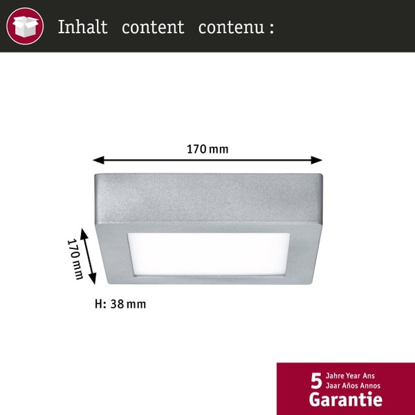 Quadratische LED-Deckenleuchte mit den Maßen 170 Millimeter mal 170 Millimeter und einer Höhe von 38 Millimeter. 5 Jahre Garantie.