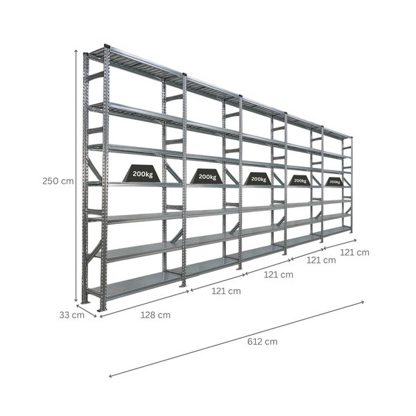 Metallregal mit den Maßen 250 cm Höhe, 612 cm Breite und 33 cm Tiefe, Fachlast 200 kg