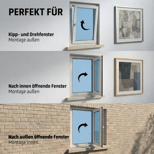Montagebeispiele für Kipp- und Drehfenster außen, nach innen öffnende Fenster außen und nach außen öffnende Fenster innen.