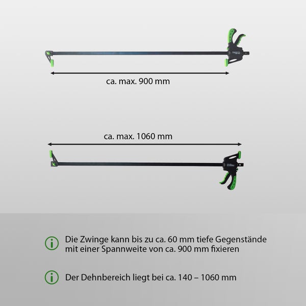 Illustration einer TRUTZHOLM Schraubzwinge mit maximal 900 mm und 1060 mm Spannweite