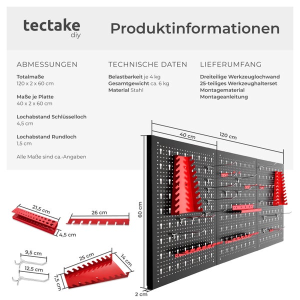 Werkzeuglochwand tectake  120 x 3 x 60 cm dreiteilig, aus Stahl schwarz/rot