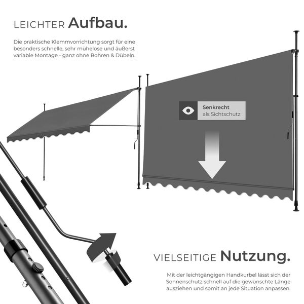 Graue Klemmmarkise als Sichtschutz in schräger und senkrechter Position. Montage ohne Bohren und Bedienung mit Handkurbel.