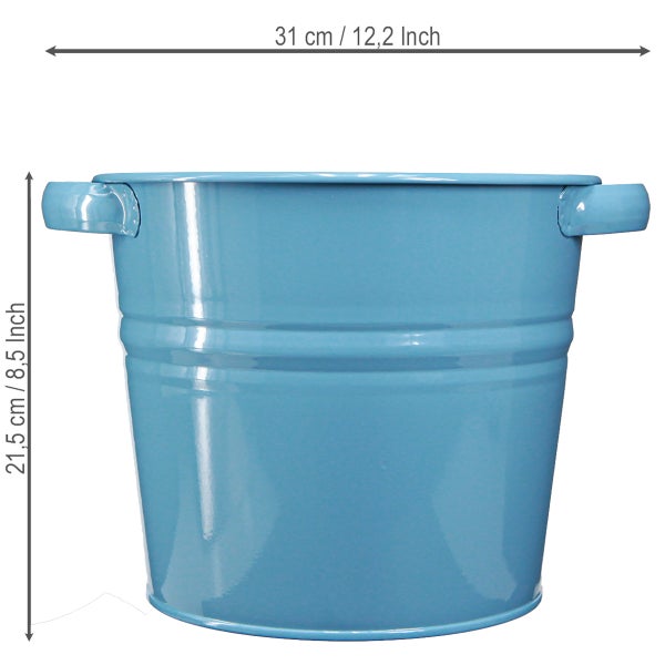 Blauer Metalleimer mit zwei Griffen, Durchmesser 31 Zentimeter, Höhe 21,5 Zentimeter.