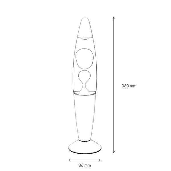 Skizze einer Lavalampe mit den Maßen 360 mm Höhe und 86 mm Durchmesser