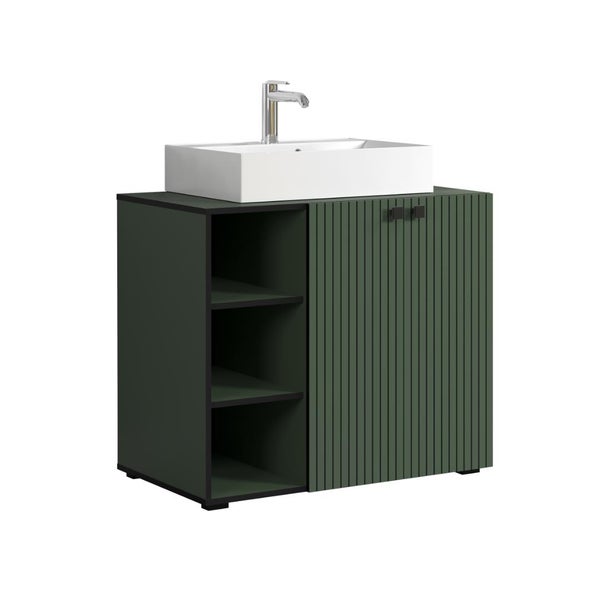 Waschtischunterschrank mit Aufsatzwaschbecken und Armatur