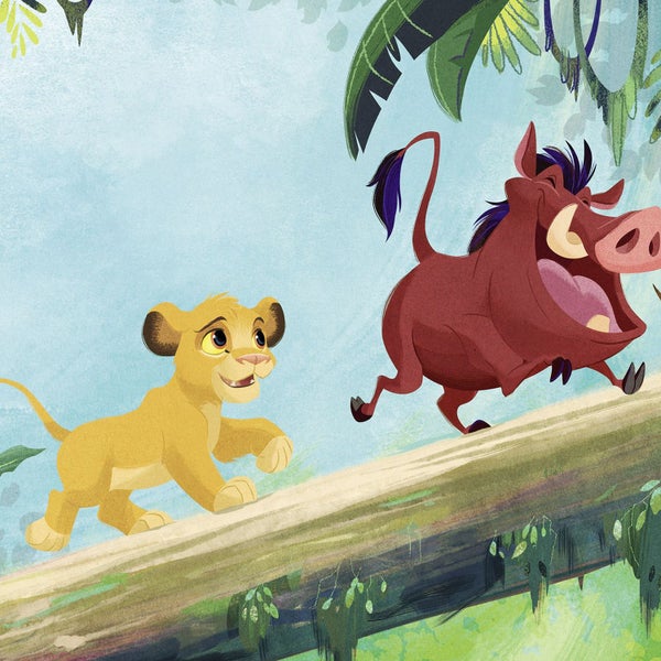 Illustration von Simba und Pumbaa, die auf einem Baumstamm im Dschungel laufen