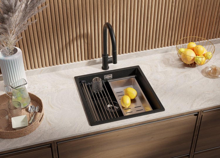 PRIMAGRAN Spülbecken Anthrazit 46x47cm, Granitspüle 1 Becken + Ablauf-Set + Aufrollbare Abtropffläche, Küchenspüle ab 50er Unterschrank - Praga Slim