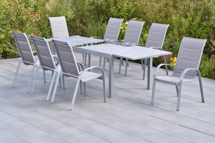 Amalfi di Lusso Set 9tlg., 8 Stapelsessel, Semi-Ausziehtisch 180 (250) x 100 cm, silber/diamantbraun