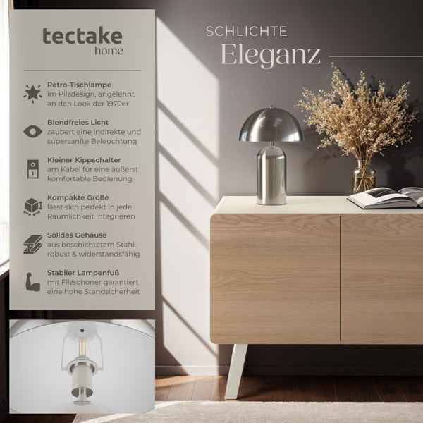 tectake Altea Kleine Retro-Tischlampe Altea, Pilzdesign, 40W 25 x 37 cm Nickel matt