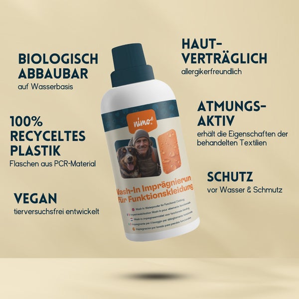 nimo® Wash-In Imprägnierung für Funktionskleidung • Versiegelung zum Schutz gegen Nässe und Schmutz