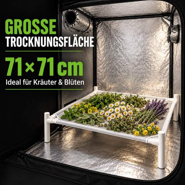 Trocknungsnetz 71 mal 71 Zentimeter in einem Growzelt zum Trocknen von Kräutern und Blüten mit reflektierender Innenbeschichtung.