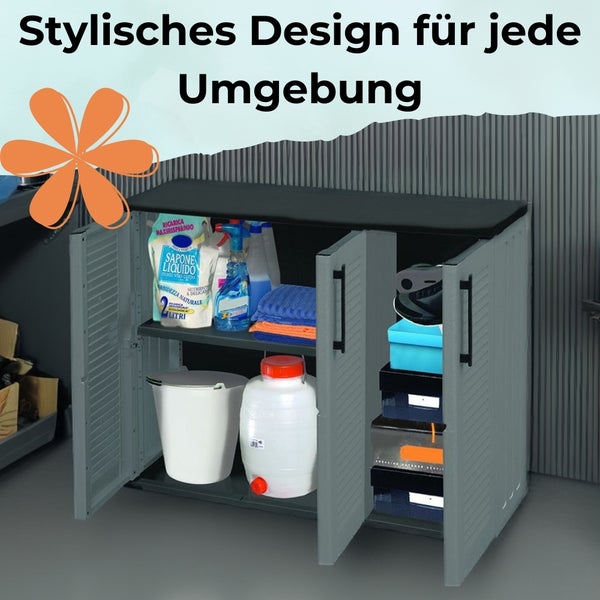 Gartenschrank 3-türig Kunststoff Balkon Haushaltsschrank Werkstatt Wetterfest halbhoch Kunststoffschrank