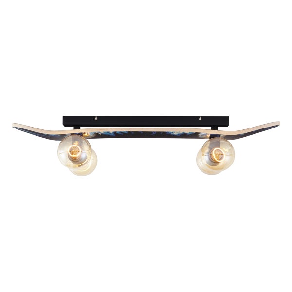 Deckenleuchte in Skateboard-Optik aus Holz mit blau-schwarzem Muster, zwei Glaskugeln und schwarzer Halterung.