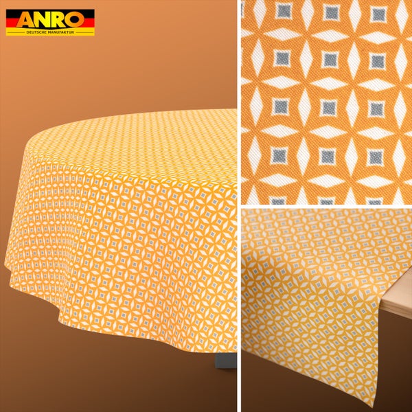 Wachstuch Tischdecke mit orange-weißem geometrischem Muster, Detailansicht und ANRO Logo.