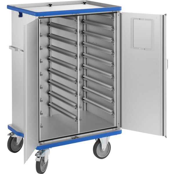 Servierwagen mit offenen Türen und mehreren Ablagefächern