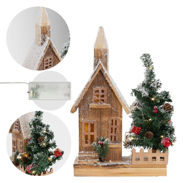 ECD Germany Dekorative Holz-Weihnachtshaus mit LED-Beleuchtung, Warmweiß, 27x11x44 cm, batteriebetrieben, Timer, Deko Holzhaus & Tanne, Winterhaus beschneit, Weihnachtsdeko Innen, Weihnachtsdekoration