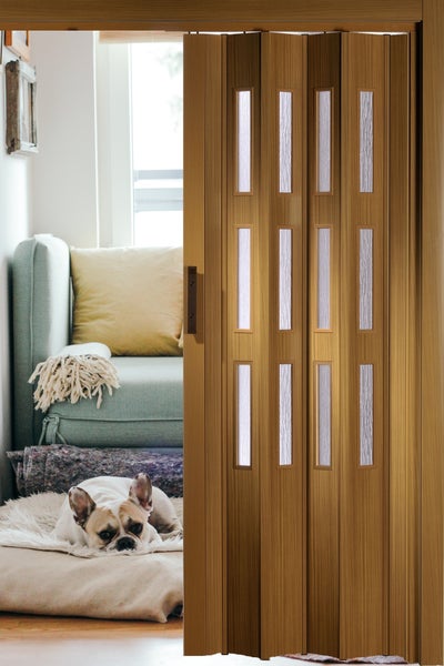 Holzschiebetür mit Glaseinsätzen vor Wohnbereich mit Hund