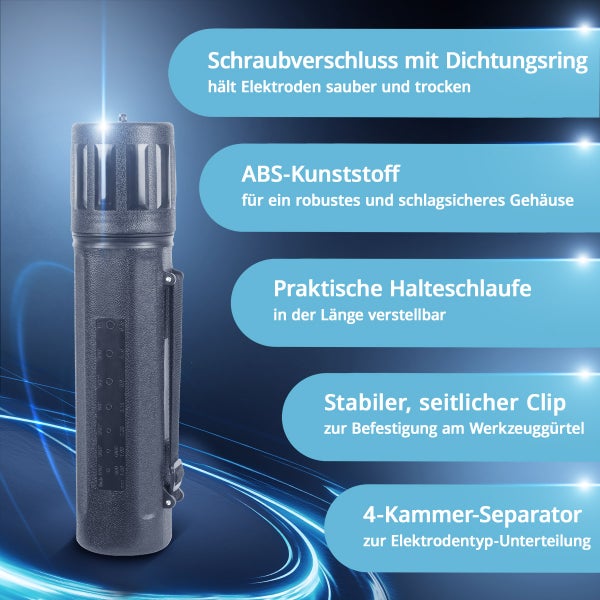 Elektrodenköcher mit Schraubverschluss, Halteriemen, Gürtelclip und vier Kammern