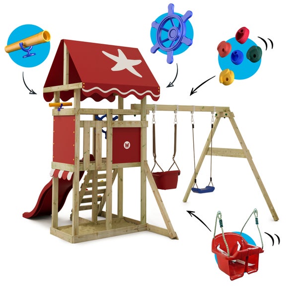 WICKEY Spielturm Klettergerüst DinkyStar mit Schaukel und Rutsche, Kletterturm mit Sandkasten, Leiter und Spiel-Zubehör – rot