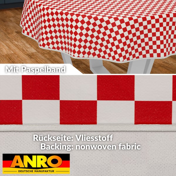 Tischdecke mit rot-weißem Schachbrettmuster und Paspelband