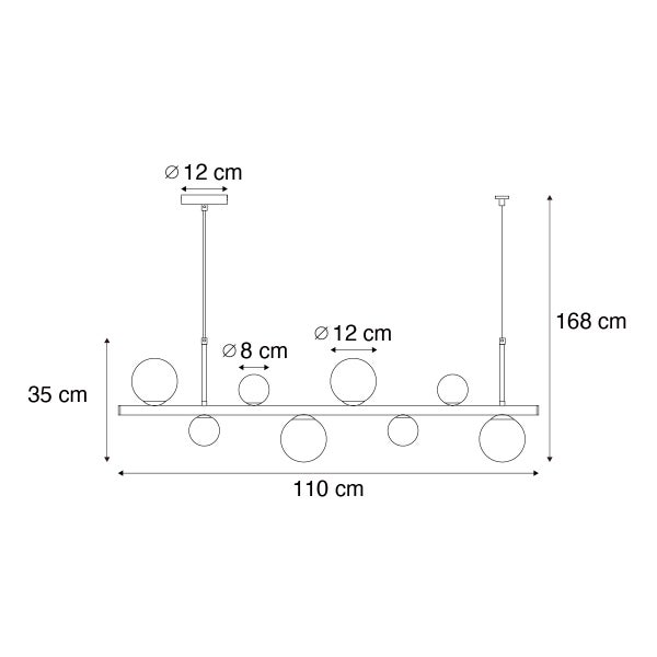 Technische Zeichnung einer Pendelleuchte mit den Maßen 110 cm Breite, 168 cm Höhe und 35 cm Tiefe. Die Durchmesser der Leuchten betragen 8 cm und 12 cm.