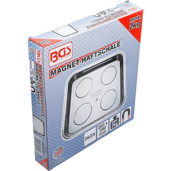 BGS technic Magnet-Haftschale aus Edelstahl, 265 mal 290 Millimeter, Tragkraft bis zu 2 Kilogramm, quadratisch mit vier Magneten.
