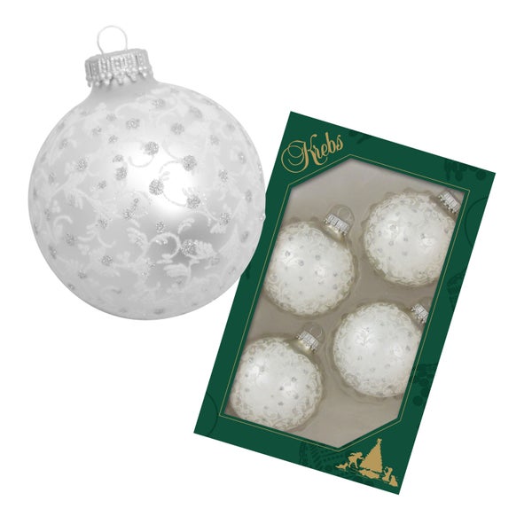 Silberpearl 7cm Glaskugel handdekoriert mit Glitterranken, 4 Stck., Weihnachtsbaumkugeln, Christbaumschmuck, Weihnachtsbaumanhänger