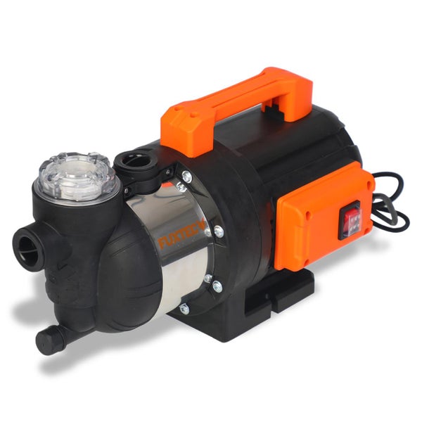 Gartenpumpe FUXTEC mit Edelstahlgehäuse, Tragegriff, integriertem Vorfilter und Netzschalter.