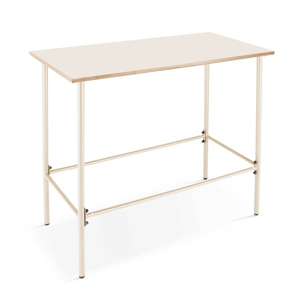Rechteckiger Stehtisch mit beigefarbenem Metallgestell und Tischplatte.