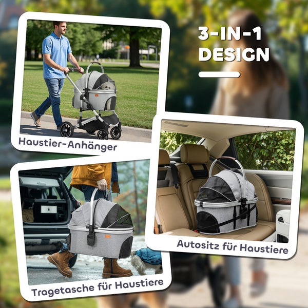 PawHut Hundewagen 3 in 1 Hundebuggy klappbar für Hunde & Katzen bis 10 kg Katzenbuggy mit Kissen Becherhalter Netzfenstern Türen Aufbewahrungskorb Katzenwagen Buggy Hellgrau