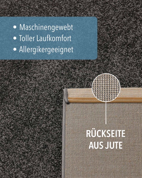 Maschinengewebter Teppich mit Rückseite aus Jute, hoher Laufkomfort und für Allergiker geeignet.
