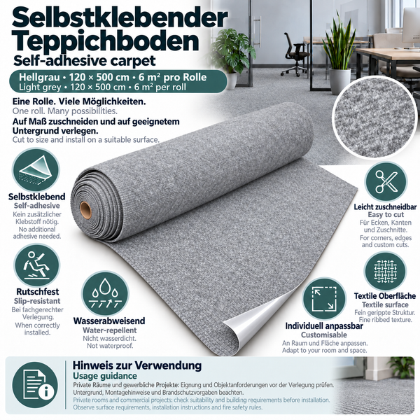 Selbstklebender Teppichboden in Rollenform, 120 mal 500 Zentimeter, rutschfest und wasserabweisend mit feiner Rippenstruktur für Innenräume.